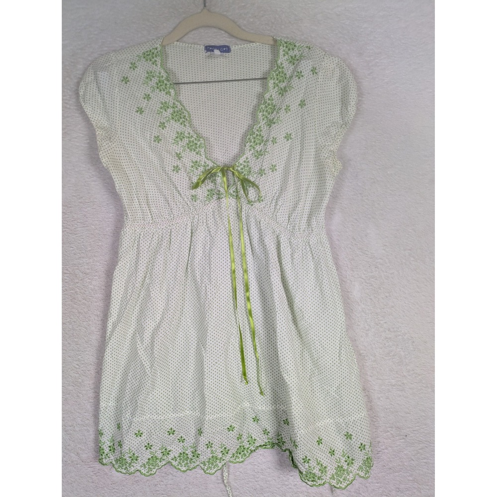 Honey Pot Babydoll Top Women's L Green Polka Dot Floral Embroidered Ribbon Tie